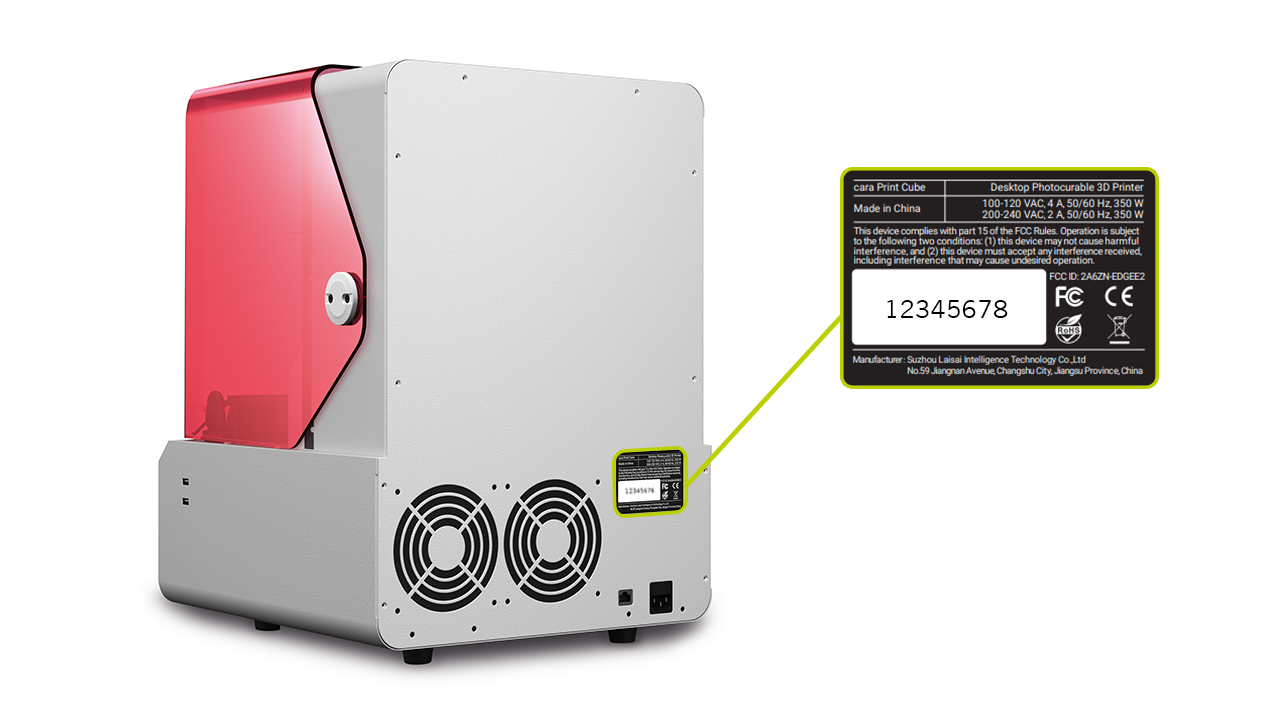 Serial number on cara Cube printer